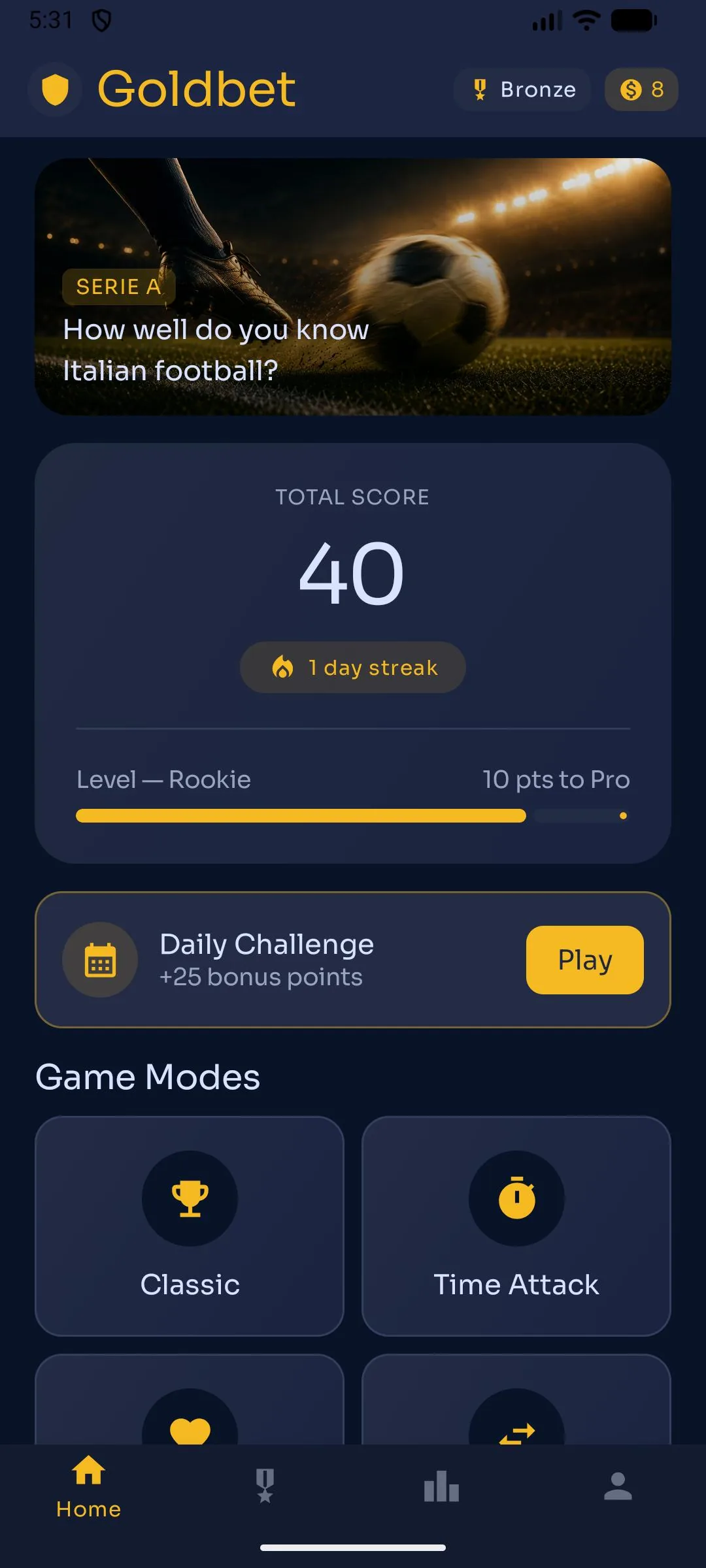 GoldBet – football trivia quiz screen